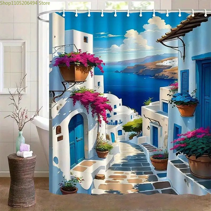 Home Bathroom Ideas - Rideau de douche Santorin, île grecque,